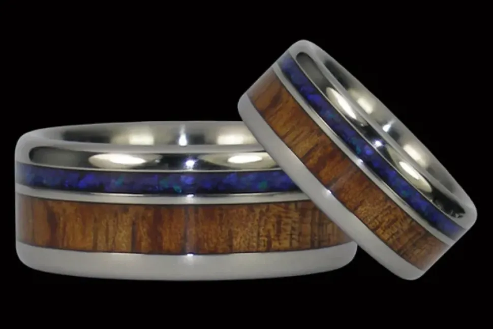 Black Opal And Dark Koa Wood Hawaii Titanium Ring