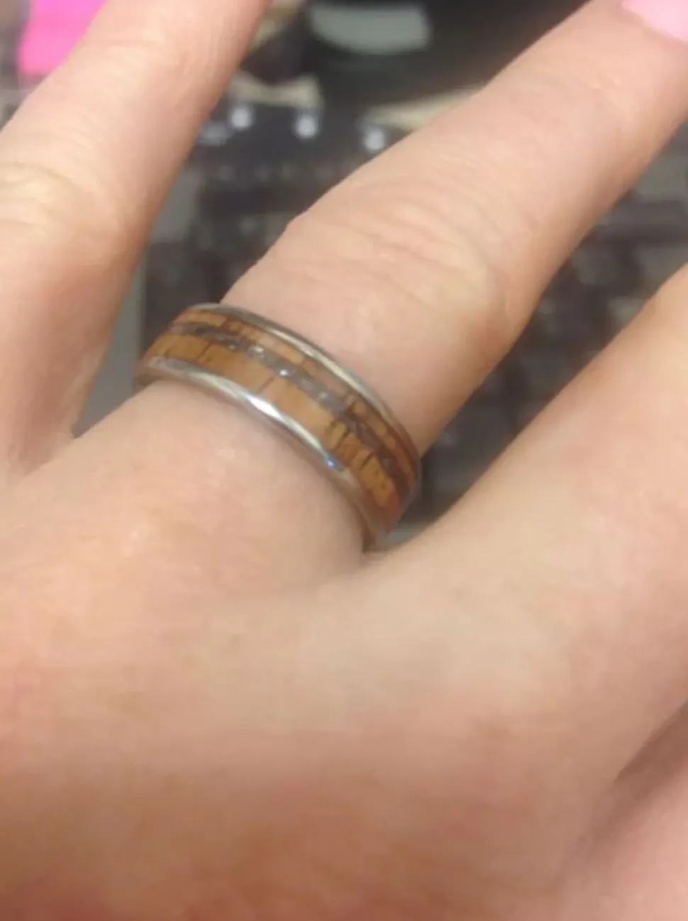 Black Pearl And Koa Wood Inlay Titanium Ring
