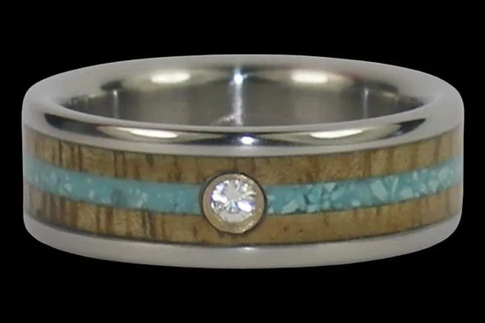 Diamond Titanium Ring Band With Turquoise And Mango Wood