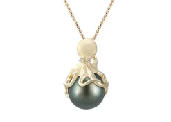 Gold Octopus Pendant With 13Mm Tahitian Pearl & Diamonds