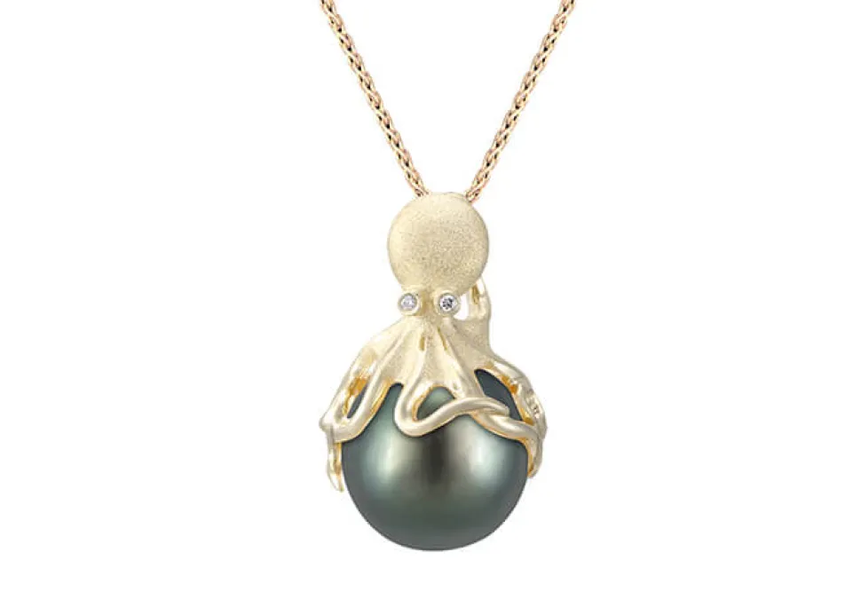 Gold Octopus Pendant With 13Mm Tahitian Pearl & Diamonds