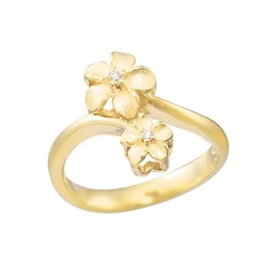 14K 6 & 8Mm "Hang 5" Plumeria Ring With 2 Diamonds