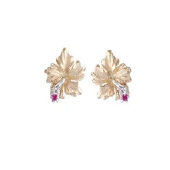 14K Hibiscus Earrings With 2 Rubies & 2 Diamonds