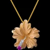 14K Hibiscus Pendant With 3 Diamonds And Ruby