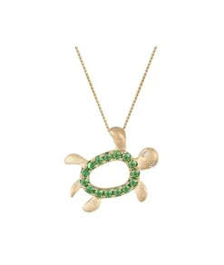 14K 12Mm "Hawaiian Petroglyph" Honu Pendant With 2 Diamonds And 15 Tsavorites