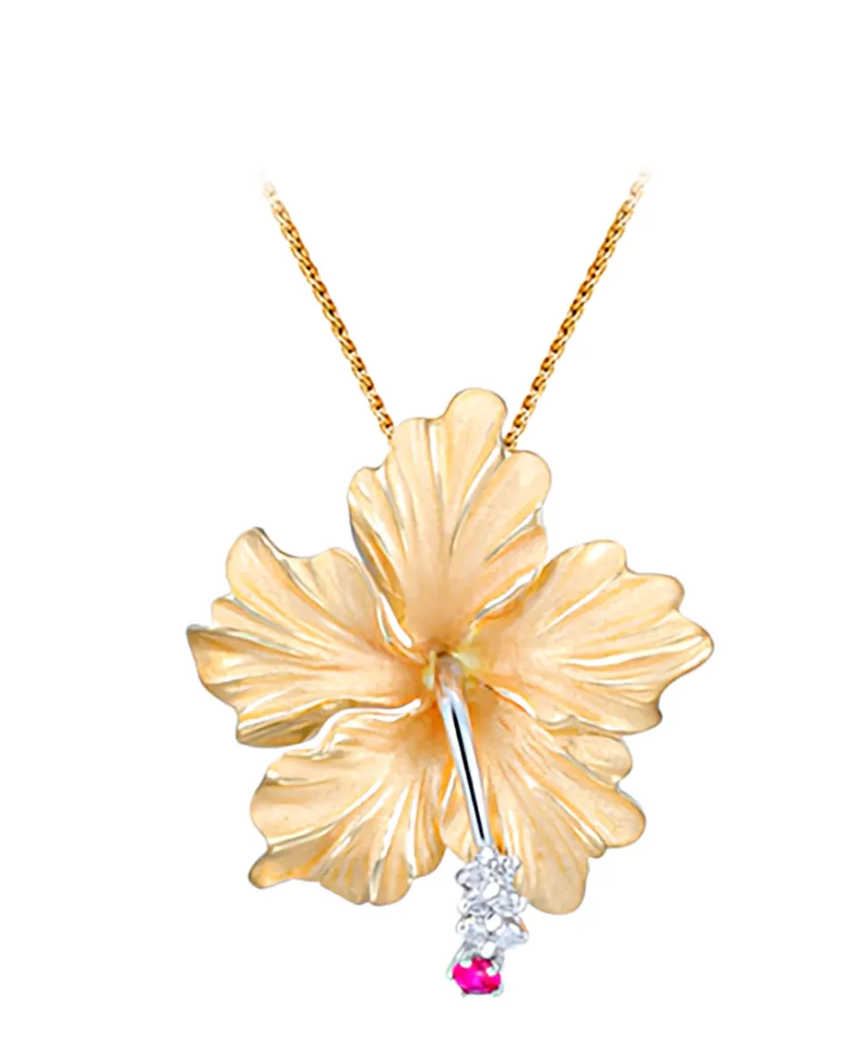 14K 28Mm Hibiscus Pendant With 6 Diamonds And Ruby