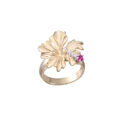 14K 20Mm Hibiscus Ring With 3 Diamonds And Ruby