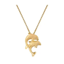 14K 15Mm "Jumping Couple" Dolphin Pendant With 2 Diamonds