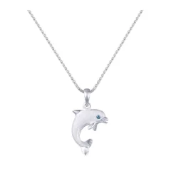14K 15Mm "Jumping Single" Dolphin Pendant With 0.01 Carat Blue Diamond