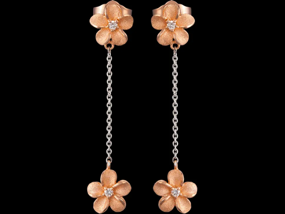 14K 7Mm Plumeria Earrings With 6 Diamonds