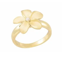 14K 15Mm Plumeria Ring With Diamond
