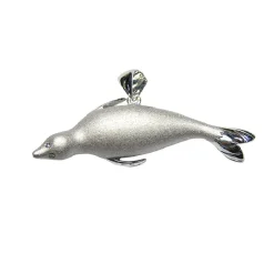 14K 40Mm Seal Pendant "Searching" With 2 Diamonds