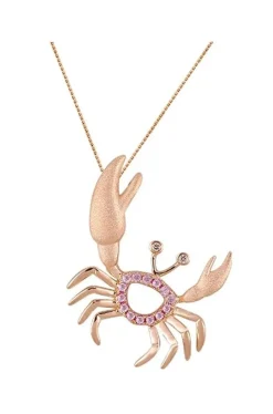 14K Rose Gold Crab Pendant With 2 Diamonds And 14 Pastel Pink Sapphires