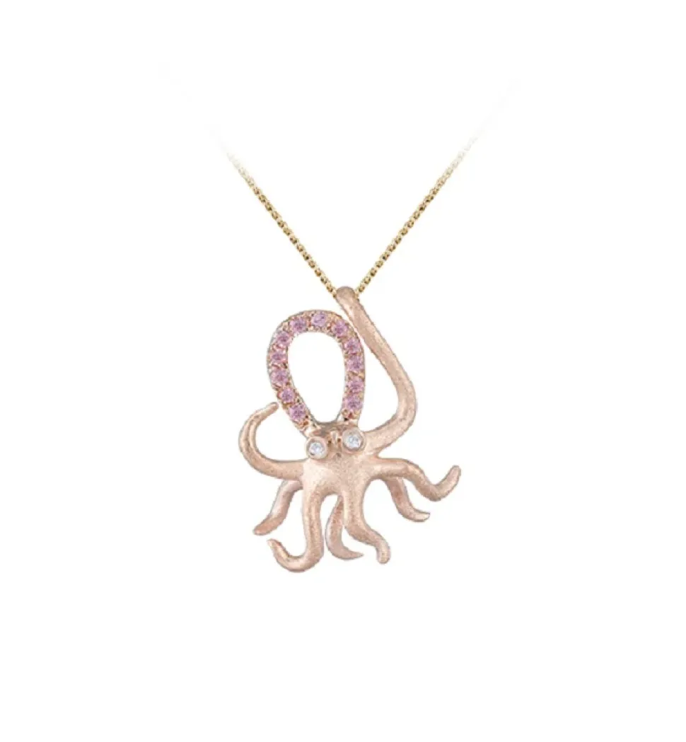 14K Rose Gold Octopus Pendant With 2 Diamonds And 12 Pastel Pink Sapphires