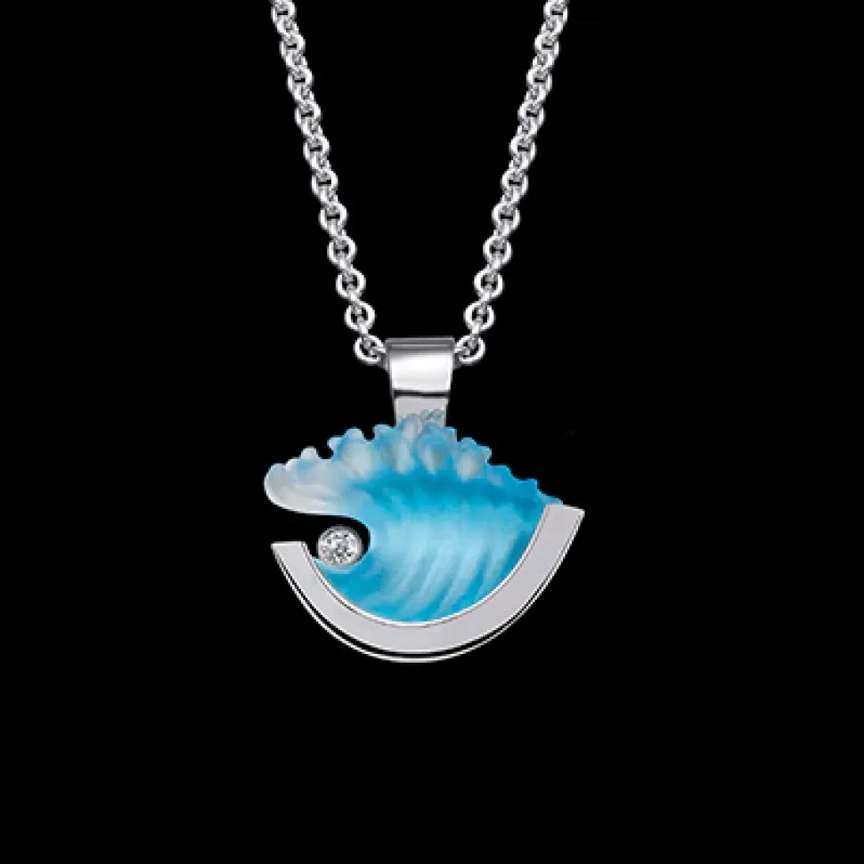 14K Small White Gold Wave Pendant With Diamond