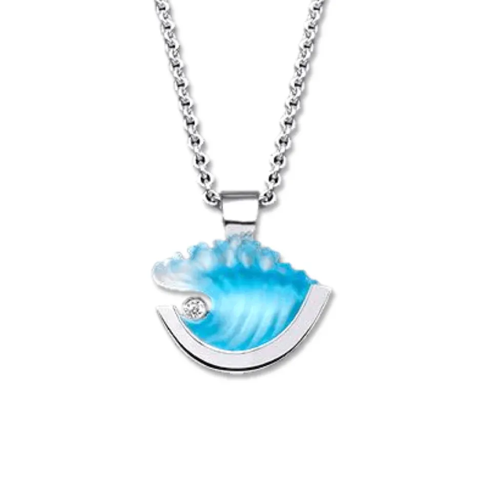 14K Small White Gold Wave Pendant With Diamond