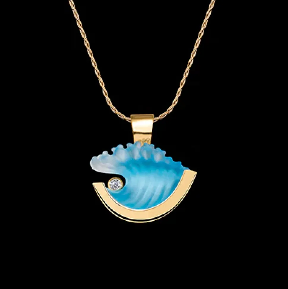 14K Small Yellow Gold Wave Pendant With Diamond