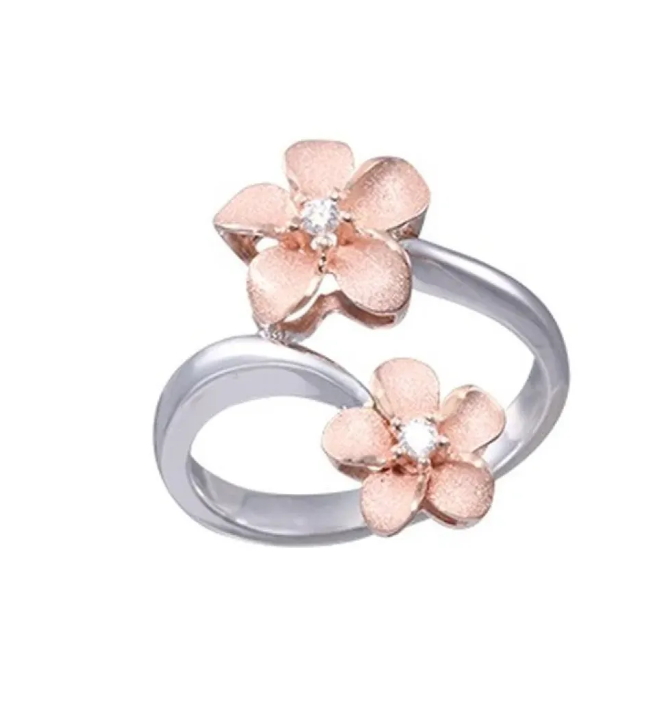 14K 2/Tone 8 & 11Mm "Hang 5" Plumeria Ring With 2 Diamonds
