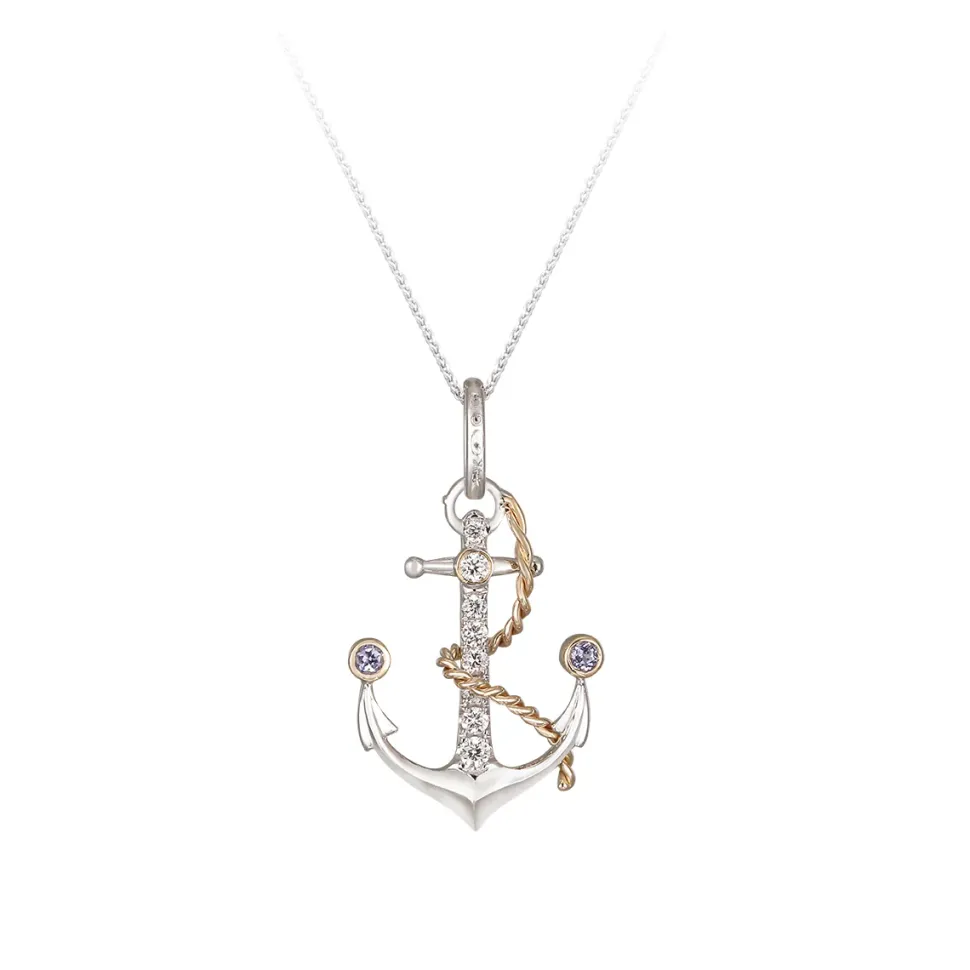 14K 2/Tone 20Mm "Anchor" Pendant With 2 Tanzanite And 8 Diamonds
