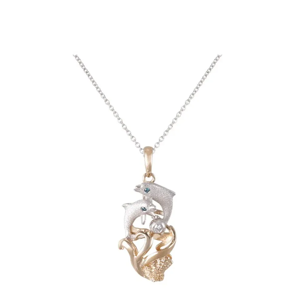 14K 2/Tone 10Mm "Flipping Couple" Dolphin Pendant