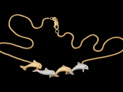 14K 2/Tone 20Mm "Open Sea" Dolphin Necklace With 4 Diamonds