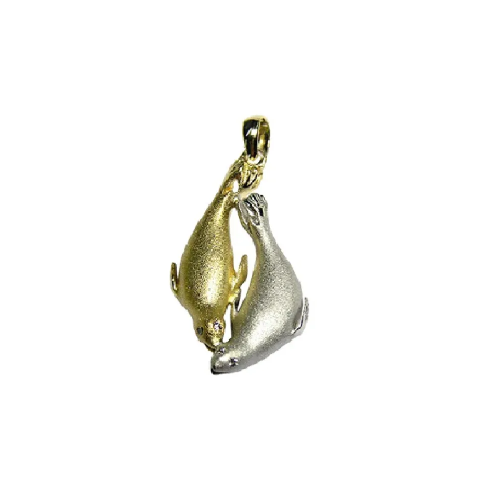 14K 2/Tone 20Mm Seal Pendant "Dancing Couple" With 4 Diamonds