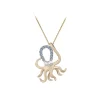 12K 2/Tone Octopus Pendant With 2 Diamonds And 12 Pastel Blue Sapphires