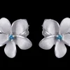 14K White Gold 13Mm Plumeria Earring With Blue Diamond