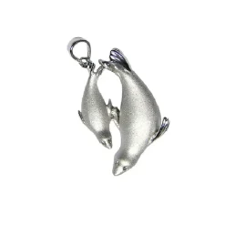 14K White Rhodium Mother And Baby Seal Pendant With 4 Diamonds