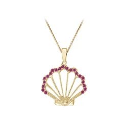 14K Yellow Gold Shell Pendant With 21 Hot Pink Sapphires