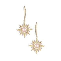 14Ky "Sunburst" Leverback Earrings With 74 Colored Sapphires And 2 Peach Fresh Water Pearls