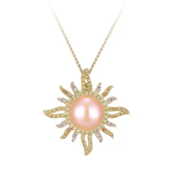 14Ky "Sunburst" Pendant With Colored Sapphires And Fresh Water Pearl