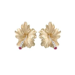15Mm 14K Hibiscus Earrings With 4 Diamonds And 2 Rubies