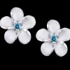 8Mm 14K Plumeria Earring With 2 Blue Diamonds