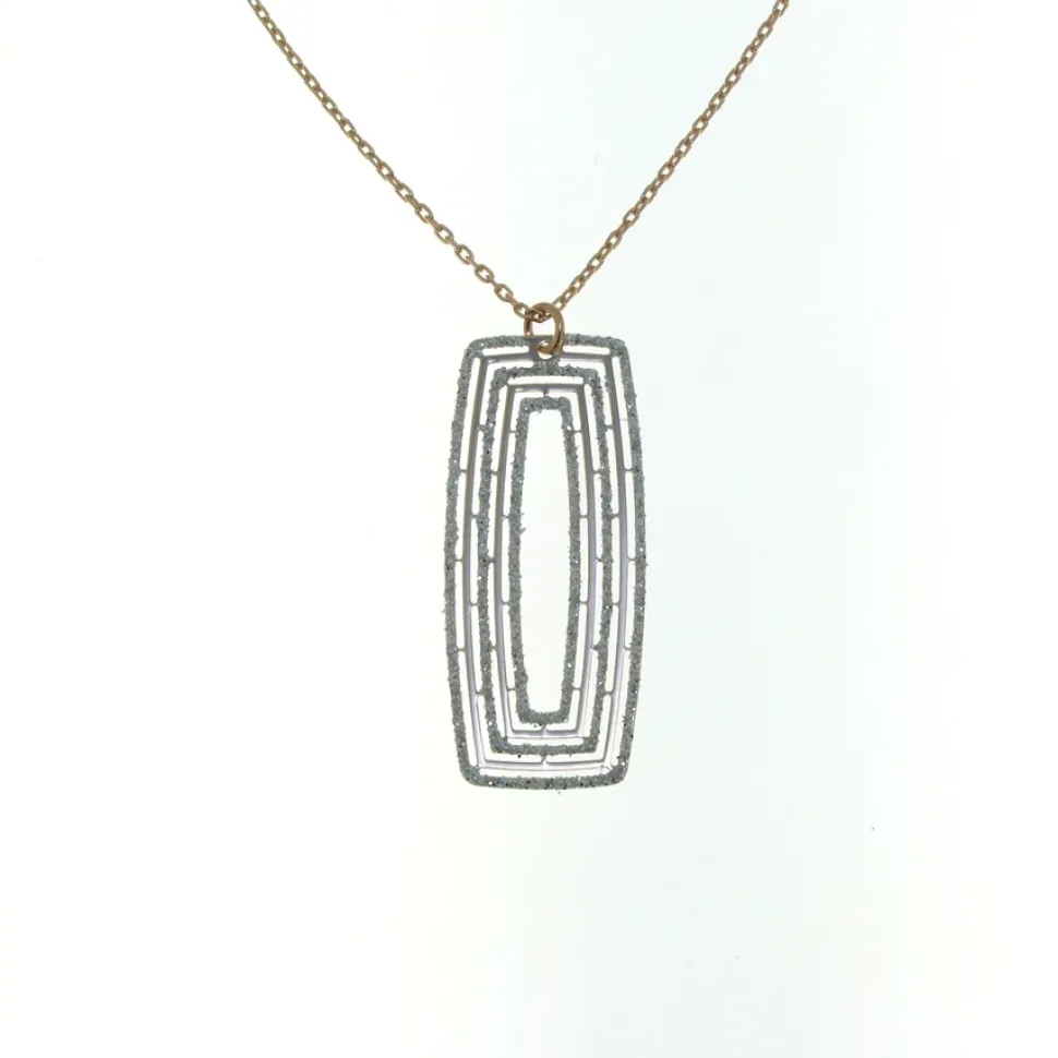 Sterling Silver Sparkle Glitter Rose-Toned Rectangular Pendant Necklace