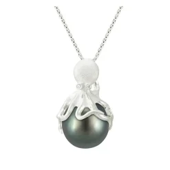 White Gold Octopus Pendant With 13Mm Tahitian Pearl & Diamonds